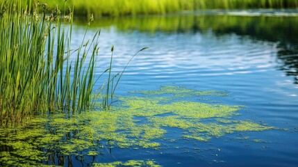 Close up of stagnant water featuring abnormal growth of algae and phytoplankton surrounded by lush greenery and serene reflections