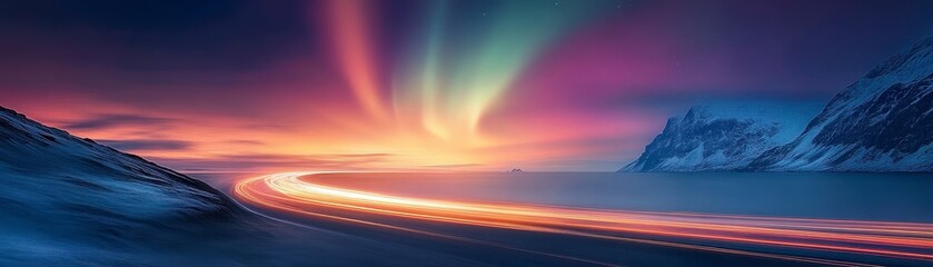 Fototapeta premium A stunning landscape featuring vibrant auroras over a snowy terrain, with a dynamic light trail illuminating the winding road.