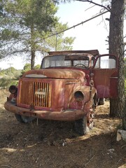 Old weathered and worn truck diagonally from the front. In a wooded area.