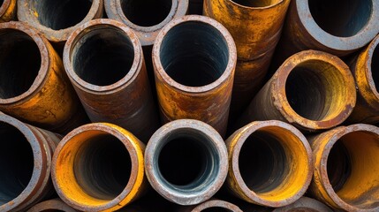 Industrial pipes arranged in a shipyard showcasing rusted metal surfaces and varying diameters illustrating manufacturing and construction elements.