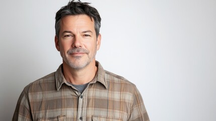 Obraz premium Middle aged man in casual attire posing against a plain white background conveying confidence and approachability in studio portraiture