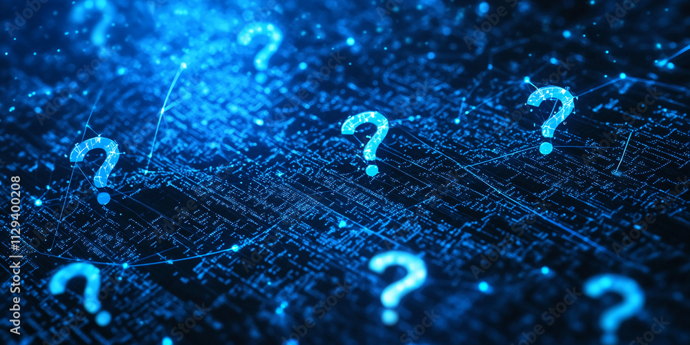 Poster Digital network background representing questions and inquiries in technology and data analysis