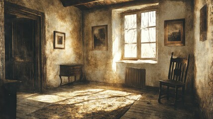 Rustic Romanian farmhouse interior in Transylvania with vintage photo manipulation showcasing natural light and antique decor