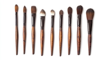 Set of professional paint brushes with wooden handles arranged in a row isolated on a clean white background for artistic purposes.