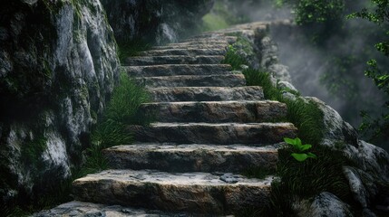 stone staircase leading through lush greenery and misty atmosphere towards a scenic viewpoint in an outdoor setting