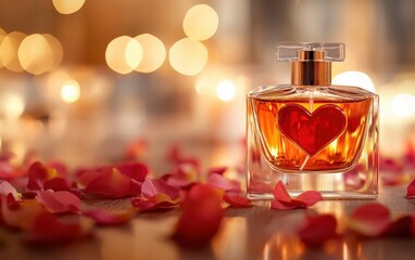 A romantic perfume display with rose petals and heart-shaped decorations for valentines day
