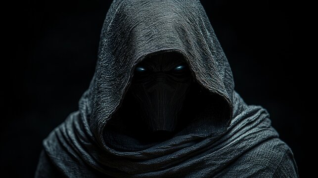 A shadowy figure cloaked in dark robes stands menacingly, revealing a chilling grin beneath the hood. The atmosphere is tense as night falls, with eerie silence surrounding the figure