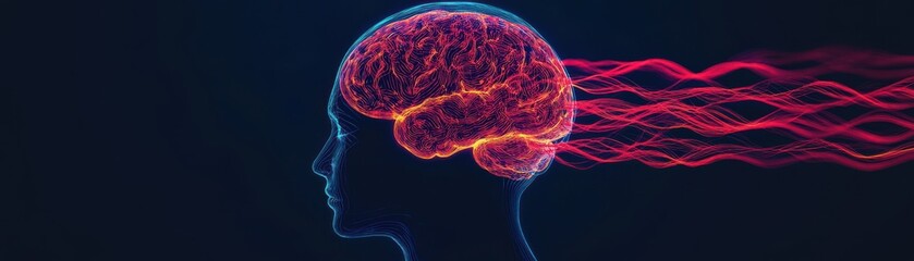 A vibrant illustration of a brain emitting waves, symbolizing thought, creativity, and mental processes against a dark background.