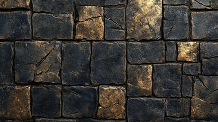 Obraz premium Weathered stone sidewalk tile texture with intricate patterns and dark tones suitable for architectural and design backgrounds.