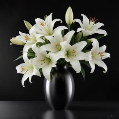 White lilies in a sleek metal vase on a dark black background, white, black, floral, elegant, minimalist