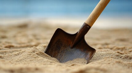 Shovel embedded in sand on a beach emphasizing outdoor tools and summer activities