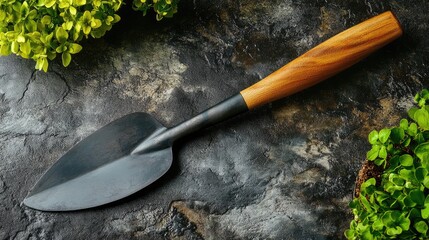 Garden trowel with a wooden handle on a textured surface surrounded by green foliage ideal for plant cultivation and landscaping projects