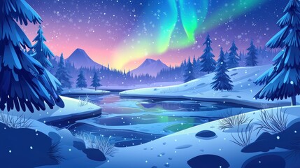 A serene winter landscape featuring snowy terrain, evergreen trees, a calm river, and vibrant northern lights illuminating the night sky.