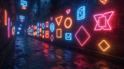 Dark city alley lit by neon lights with glowing graffiti showcasing abstract shapes geometric patterns and futuristic urban symbols