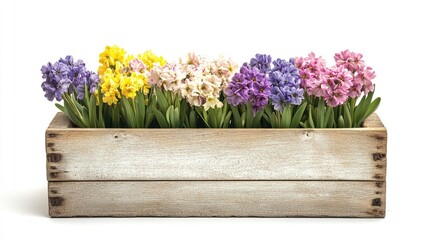 Spring flowers in a rustic wooden box showcasing vibrant colors against a clean white background for seasonal decor and design inspiration