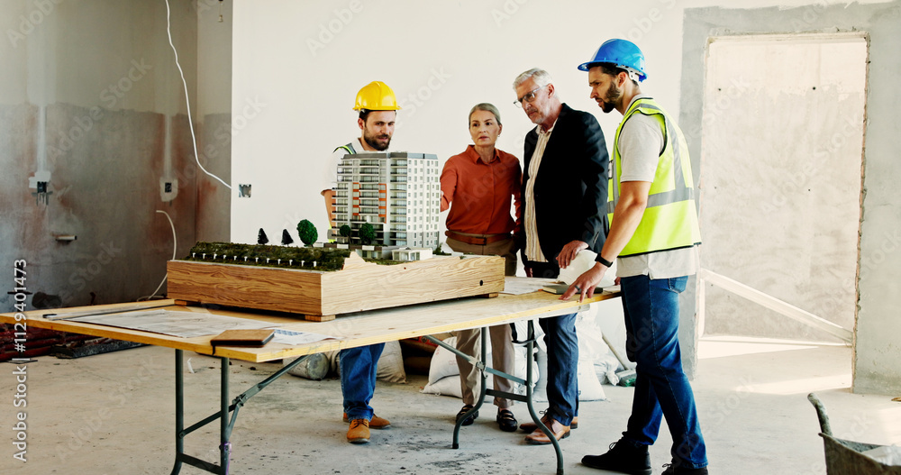 Poster engineering, meeting and people at construction site with model, planning and building development. 