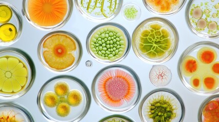 Microscope view of diverse protozoa and plant cells in petri dishes for educational and scientific research purposes