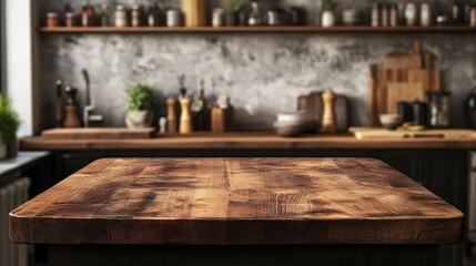 Fototapeta premium Wooden table top for product display in a cozy kitchen setting with blurred background and rustic decor ideal for food and lifestyle images
