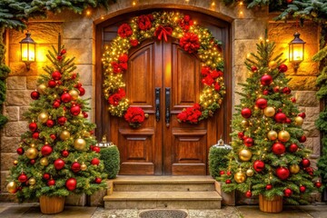 Deck your entrance with festive red and gold Christmas ornaments, holiday trees, and a winter wonderland wreath.