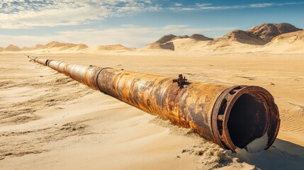 Rusty pipeline abandoned in desert landscape under bright sky with distant mountains showcasing desolation and industrial remnants.
