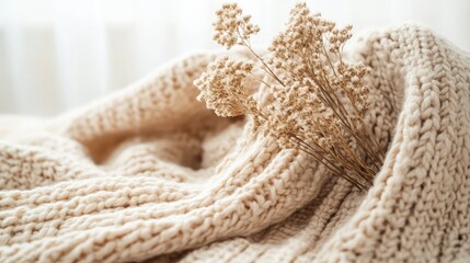 Cozy knitted beige blankets adorned with dried flowers showcasing modern boho Scandinavian interior decor style on a light background