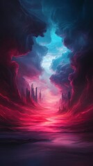 Fototapeta premium A vibrant, surreal landscape showcasing dramatic skies with swirling clouds and a striking horizon of pink and blue hues.