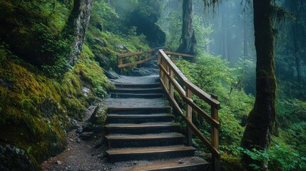 Fototapeta premium Serene forest staircase surrounded by lush greenery and misty atmosphere ideal for nature walks and outdoor exploration