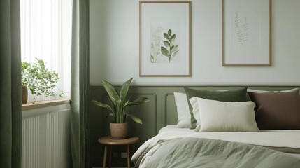 Fototapeta premium Stylish green and white Scandinavian bedroom corner featuring decorative art frames and indoor plant for a serene living space ambiance