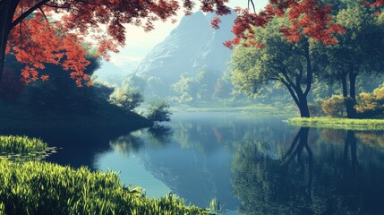 Tranquil pond landscape with vibrant trees and breathtaking mountain reflections in calm waters