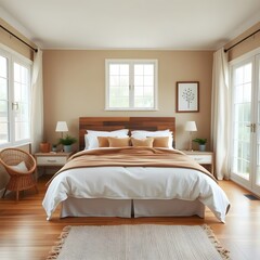 Modern Luxury Bedroom Interior with Elegant Grey Bed, Wooden Nightstands, and Minimalist Decor