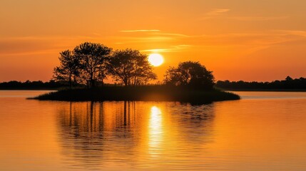 Fototapeta premium Tranquil sunset over calm waters featuring silhouetted island and trees creating a serene coastal landscape at golden hour