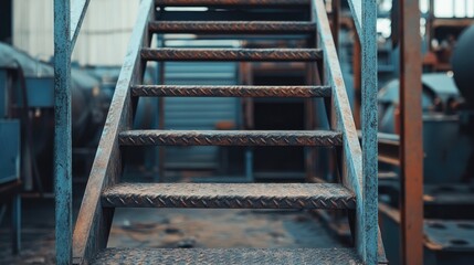 Metal staircase steps in a workshop setting highlighting industrial production environment and machinery surroundings.