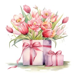 Bouquet of tulips overflowing from gift boxes for mothers day