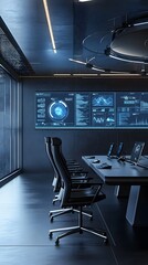 A high-tech conference room with large LED screens and comfortable seating for ten people, all surrounded by advanced tech equipment and digital displays