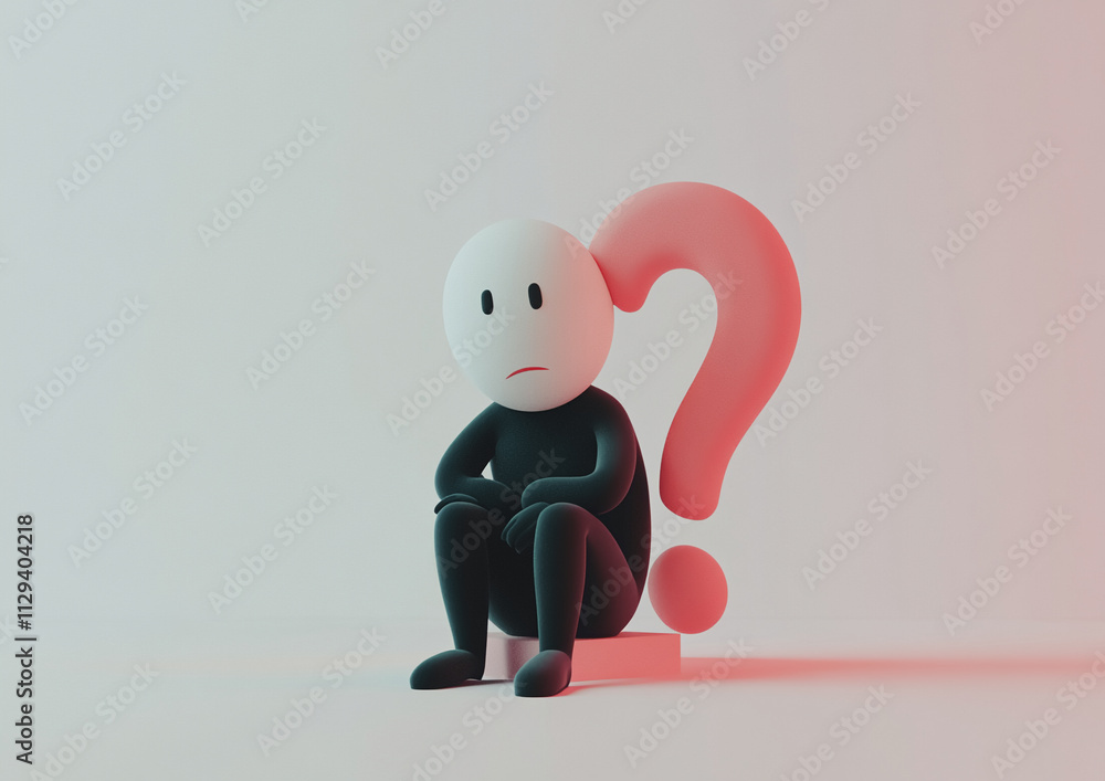 Aufkleber Thoughtful character sitting next to a large question mark in a minimalistic setting