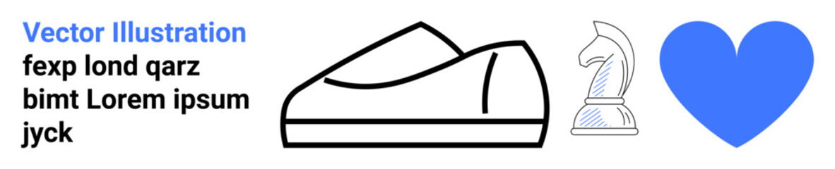 Shoe sketch, chess knight, and blue heart shape emphasize style, strategy, and love. Ideal for marketing, branding, design projects, posters, websites, social media, and gift items. Landing page