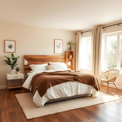 Modern Luxury Bedroom Interior with Elegant Grey Bed, Wooden Nightstands, and Minimalist Decor