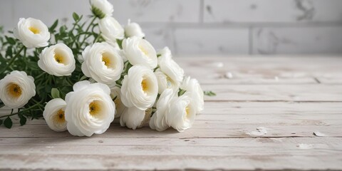 White ranunculus flowers on whitewashed wood table, centerpiece, farmhouse, soft