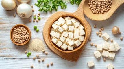 Vegan Ingredients Arrangement Featuring Soybeans Tofu and Onions on Wooden Surface Top View Healthy Plant-Based Cuisine