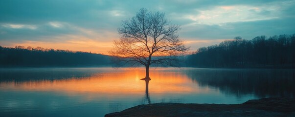 Tree Stands Alone at Sunset by Water, Generative AI