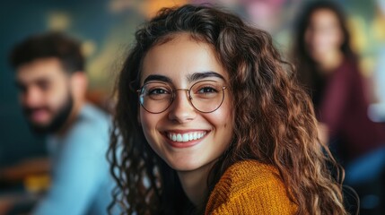 Smiling young woman in call center with colleagues creating a positive work environment and teamwork atmosphere in modern office setting