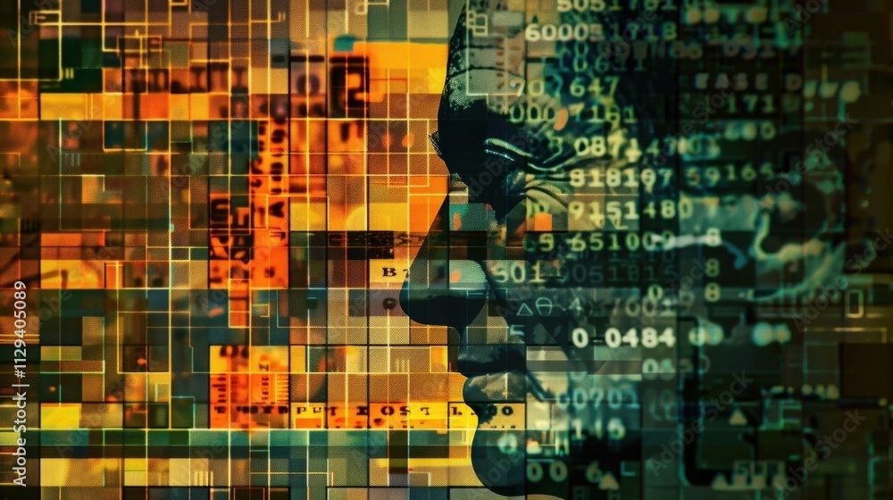 Poster artificial intelligence profile silhouette merging with big data and digital information in a futuri
