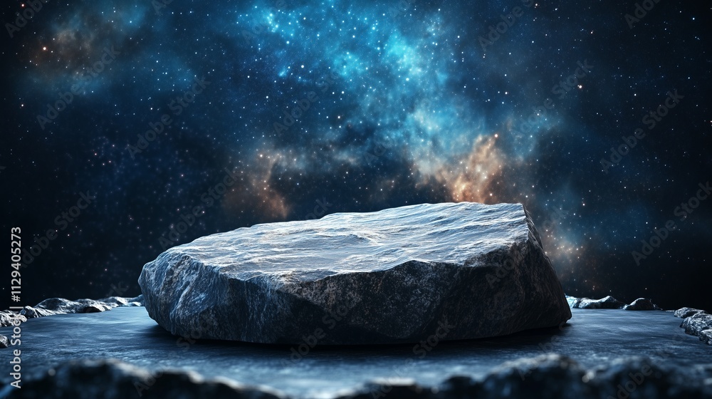 Poster abstract display podium featuring a floating rock stone asteroid