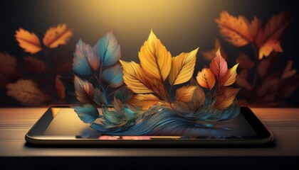 Beautiful autumn leafs in tablet display technology