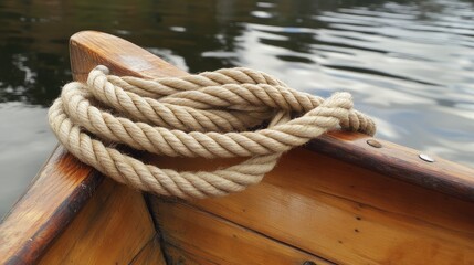 Rope coiled on the edge of a wooden boat resting by a tranquil lake shore amidst calm water reflections