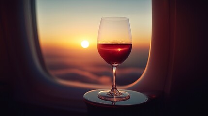 A glass of Burgundy sits quietly on a small table by the plane window