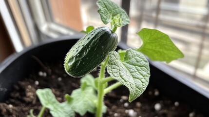 Cucumber plant sprouting in spring showcasing fresh leaves and a developing fruit in a home garden environment.