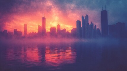 Obraz premium A vibrant city skyline emerges through mist, illuminated by a stunning sunset, reflecting colors on the water's surface.