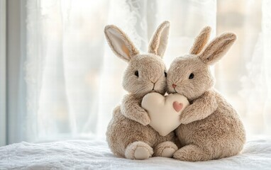 Obraz premium A pair of plush rabbits cuddling, each holding a small heart-shaped pillow, placed on a bright white surface