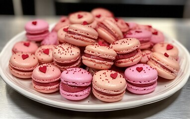 Fototapeta premium A plate of macarons in pink and red with tiny heart details for valentines day